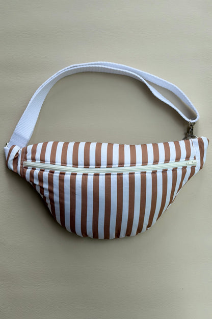 Sac banane "Escapade" - sac banane femme rayé marron, chic graphique et intérieur toile de Jouy
